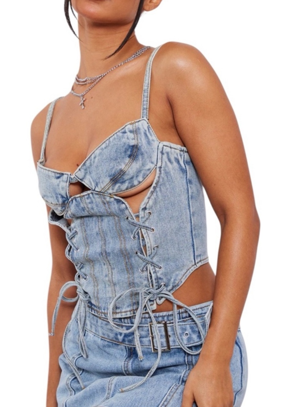 NWT Denim Lace Up Cutout Corset Jean Top